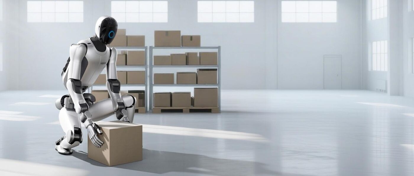 Humanoidni robot dviguje zaboj v skladišču
